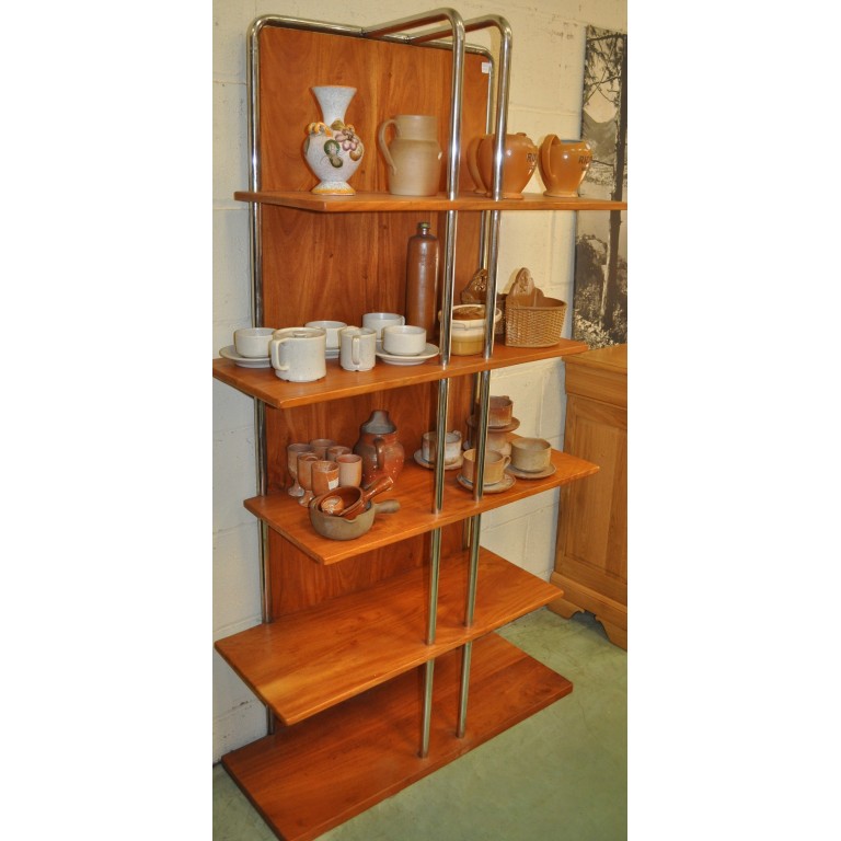 Etag&egrave;re bibus style industriel bois et acier inox chrom&eacute;. Fabrication artisanale.